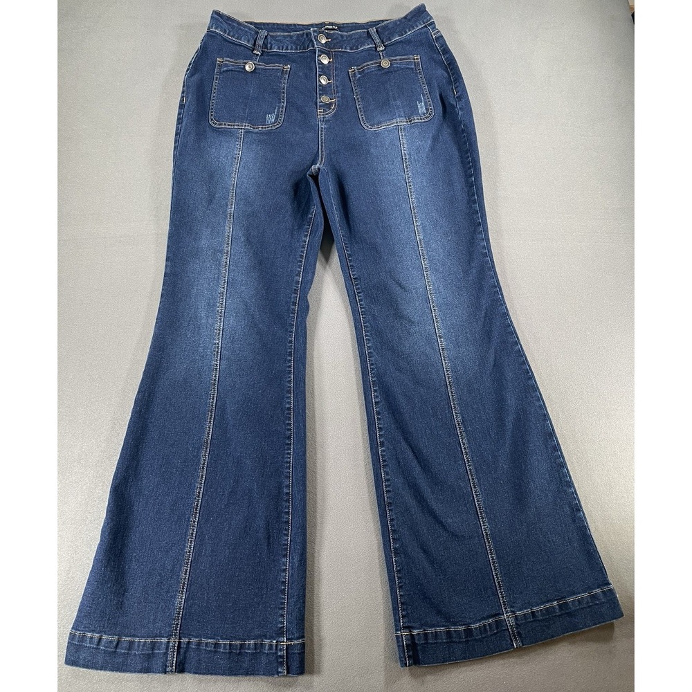 Flamingals Womens 3X Plus Dark Wash Flare High Rise Tummy Control Stretch Jeans